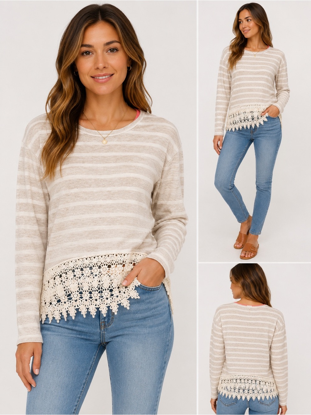 Rewind Oatmeal Ivory Striped Crochet Lace Hem Top XS NWOT